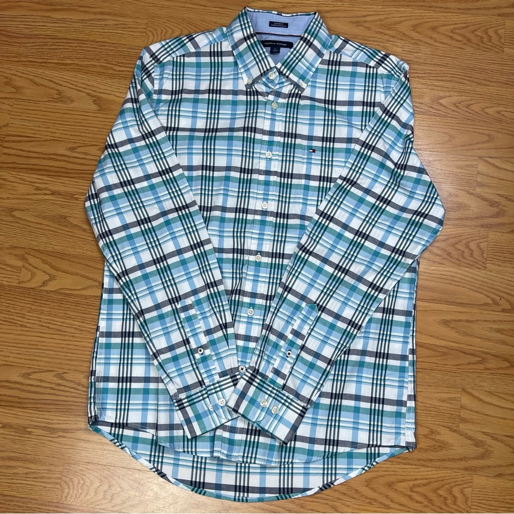 Tommy Hilfiger Men's Aqua and White Plaid Shirt